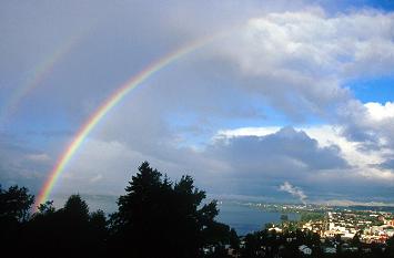 Landscape with rainbow above city