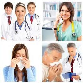 Doctors and patients with acute asthma and coughing
