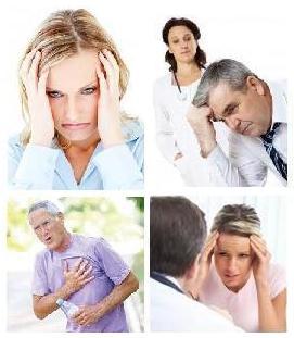 Sick people with headaches, chest pain, etc. and doctors