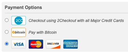 Payment options for your books using 4 major cards (Visa, MasterCard, Discover, and American Express), or with Bitcoin, or using 2Checkout
